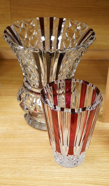 Two Val St. Lambert heavy cut ruby overlaid glass vases, largest 30cm high